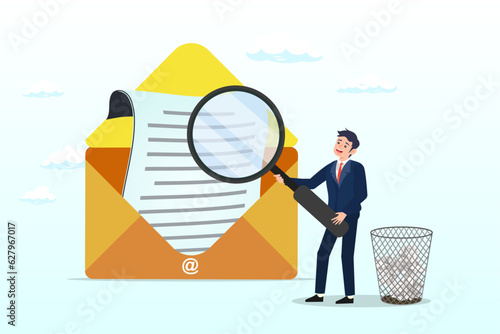 Businessman scan email with magnifying glass throw junk mail into bin, email scan for cyber security, data protection or junk mail, online communication technology, safety and protection (Vector)