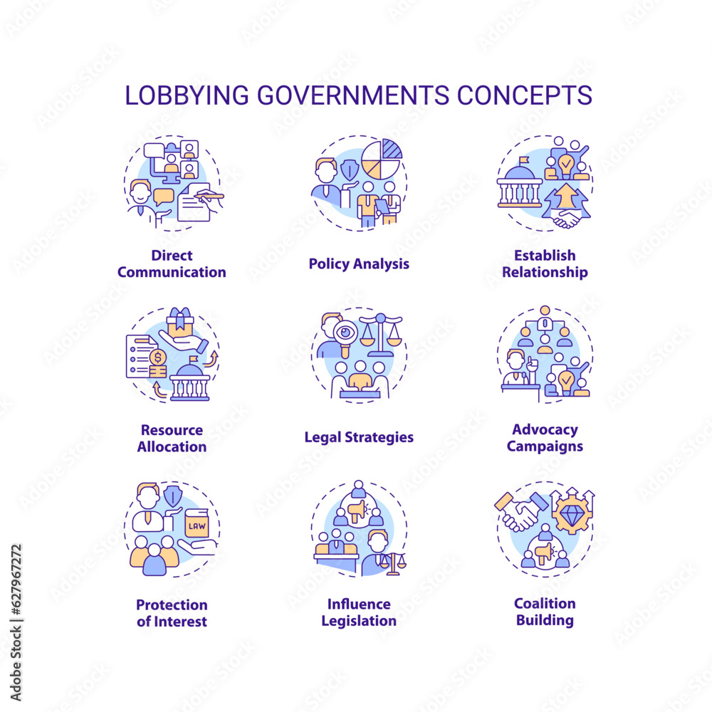 Editable icons set representing lobbying government concepts, isolated vector, thin line colorful illustration.