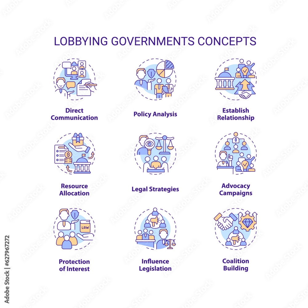 Editable icons set representing lobbying government concepts, isolated vector, thin line colorful illustration. Editable icons set representing lobbying government concepts, isolated vector, thin line colorful illustration.