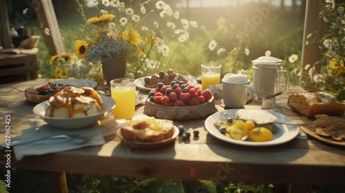 Organic breakfast on countryside scene