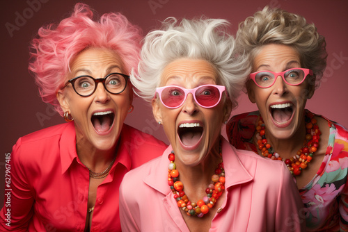 Funny portrait of three old shocked women looking at camera keeping mouth open. Sudden incredible news reaction wow. Generative AI.