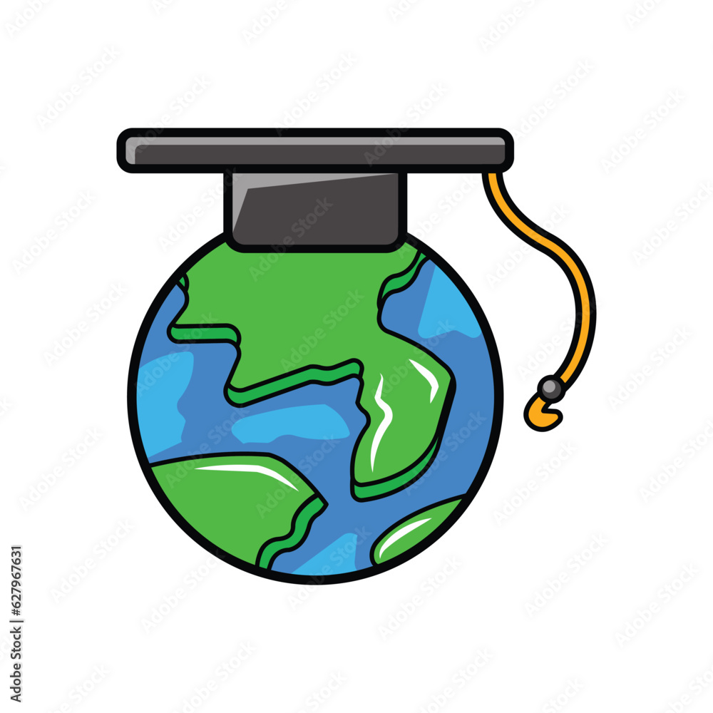 Graduation cap on globe. Single continuous line world diploma graphic icon. minimalistic design vector illustration on white background Graduation cap on globe. Single continuous line world diploma graphic icon. minimalistic design vector illustration on white background
