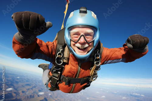 Happy skydiver senior man, smiling in free fall. Generative AI.