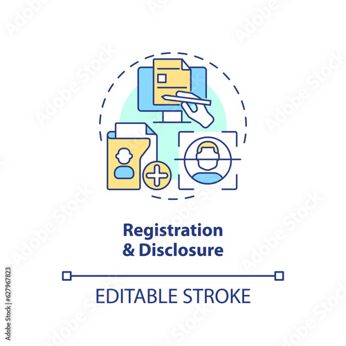 Editable registration and disclosure icon concept, isolated vector, lobbying government thin line illustration.