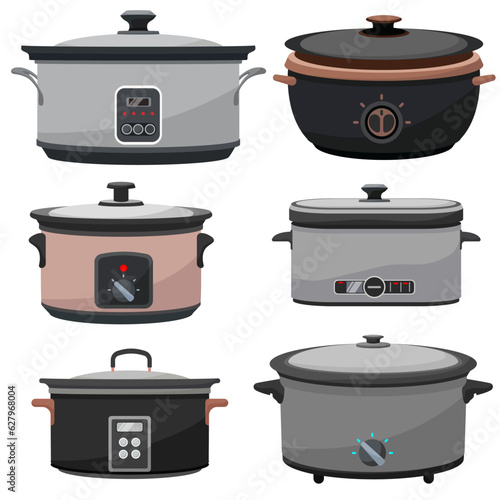 set of vector illustration slow cooker for rice and other food in kitchen preparing flat design style