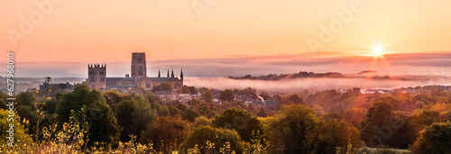 The view of the Durham Cathedral in the sunrise and mist from the Observatory Hill photo