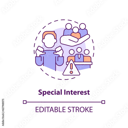 Editable special interest icon concept, isolated vector, lobbying government thin line illustration.