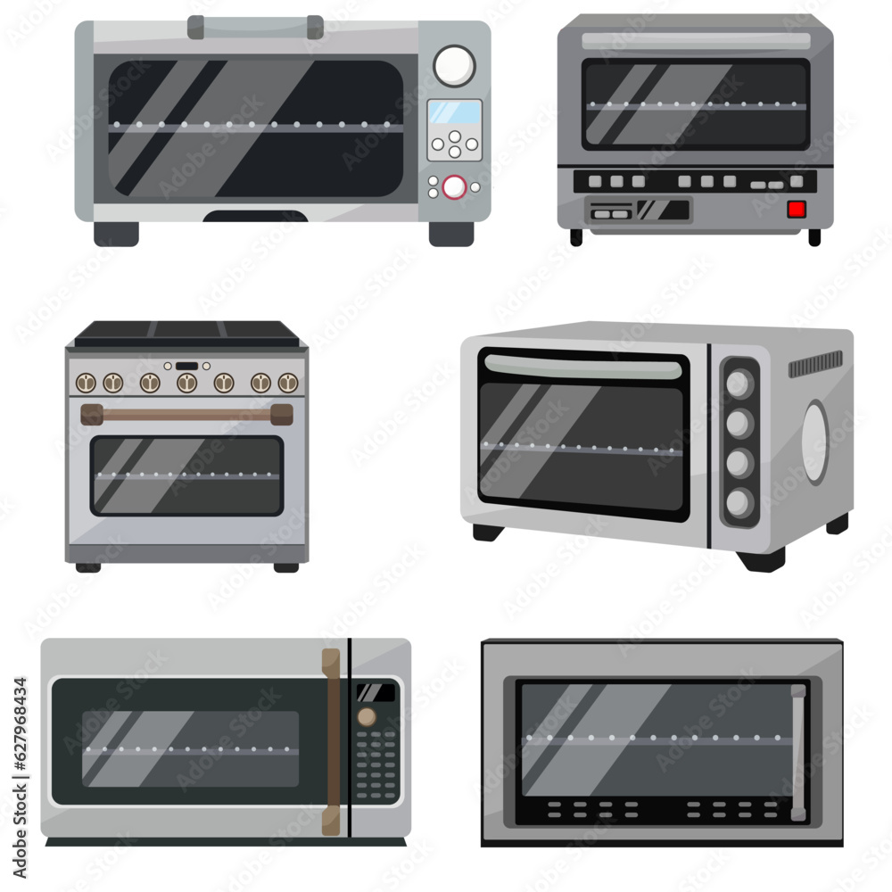 Fototapeta premium Microwave oven. Vector set illustration. Power off, open, with dish, power on. An automatic appliances used for cooking