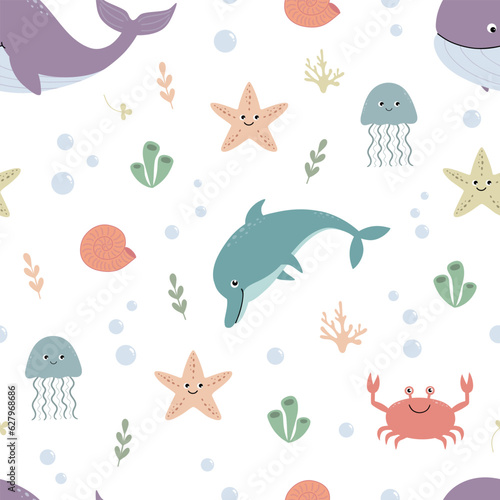 Childish seamless pattern with underwater life. Endless background with cute cartoon crabs,  starfishes, whales, dolphins, seashells, jellyfish, corals, seaweeds and bubbles.  Vector.