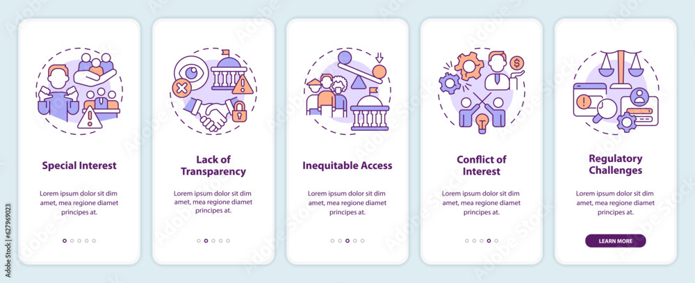 2D linear icons representing lobbying government mobile app screen set. 5 steps graphic instructions, UI, UX, GUI template.