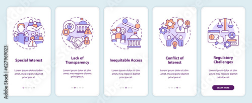 2D linear icons representing lobbying government mobile app screen set. 5 steps graphic instructions, UI, UX, GUI template.