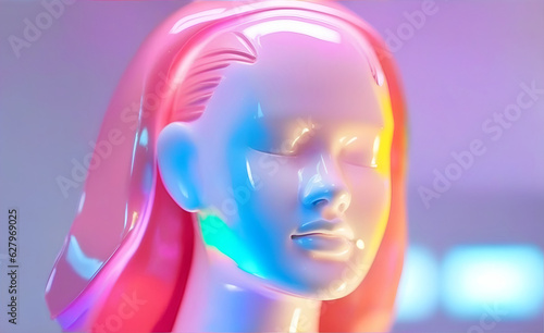 Women's Plastic Glossy Mannequin Head, neon Illumination, Futuristic Illustration