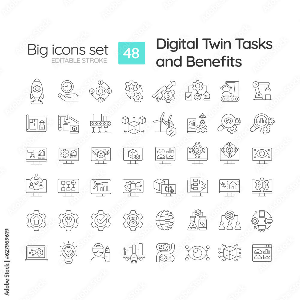 Digital twin tasks and benefits linear icons set. Smart manufacturing. Industry 4. Machine learning. Customizable thin line symbols. Isolated vector outline illustrations. Editable stroke