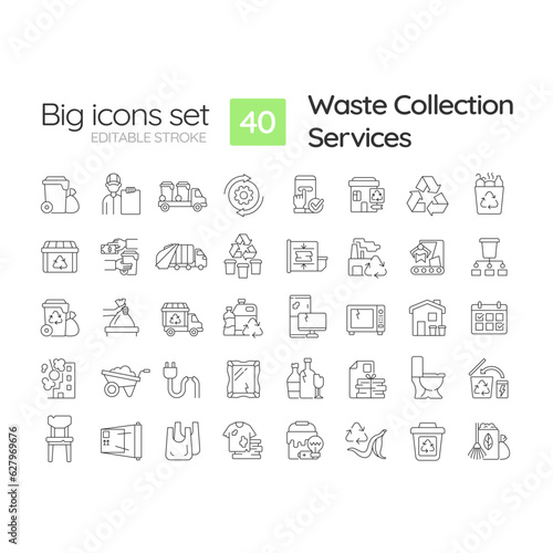 Waste collection services linear icons set. Trash removal. Garbage sorting. Environmentally friendly. Customizable thin line symbols. Isolated vector outline illustrations. Editable stroke