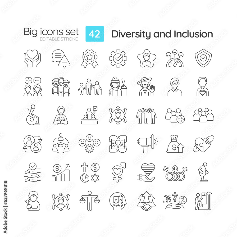 Diversity and inclusion linear icons set. Equal opportunity. Unconscious bias. Anti discrimination. Customizable thin line symbols. Isolated vector outline illustrations. Editable stroke Diversity and inclusion linear icons set. Equal opportunity. Unconscious bias. Anti discrimination. Customizable thin line symbols. Isolated vector outline illustrations. Editable stroke