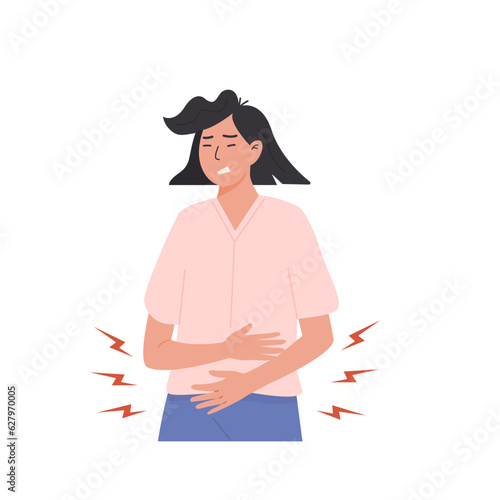 Woman suffering from stomach ache and holding her hands on belly. Young female with abdominal pain. Cramps or discomfort during menstrual period. PMS symptoms. Colored isolated vector illustration.