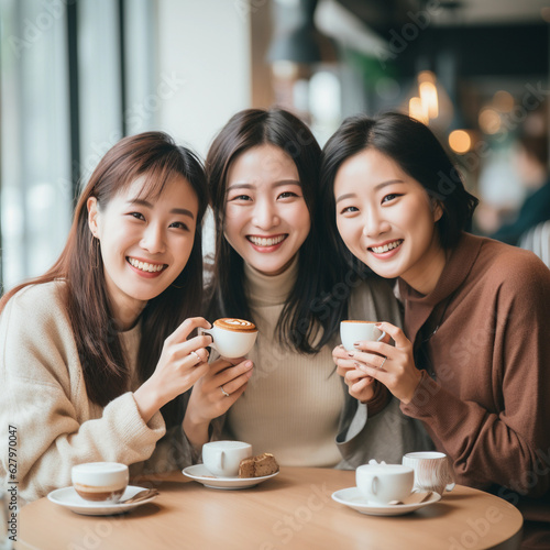 woman with 4 - 5 friends  smiling  sitting and drinking coffee