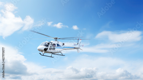 Fotografie, Tablou White business helicopter or aerotaxi flying in the blue sky