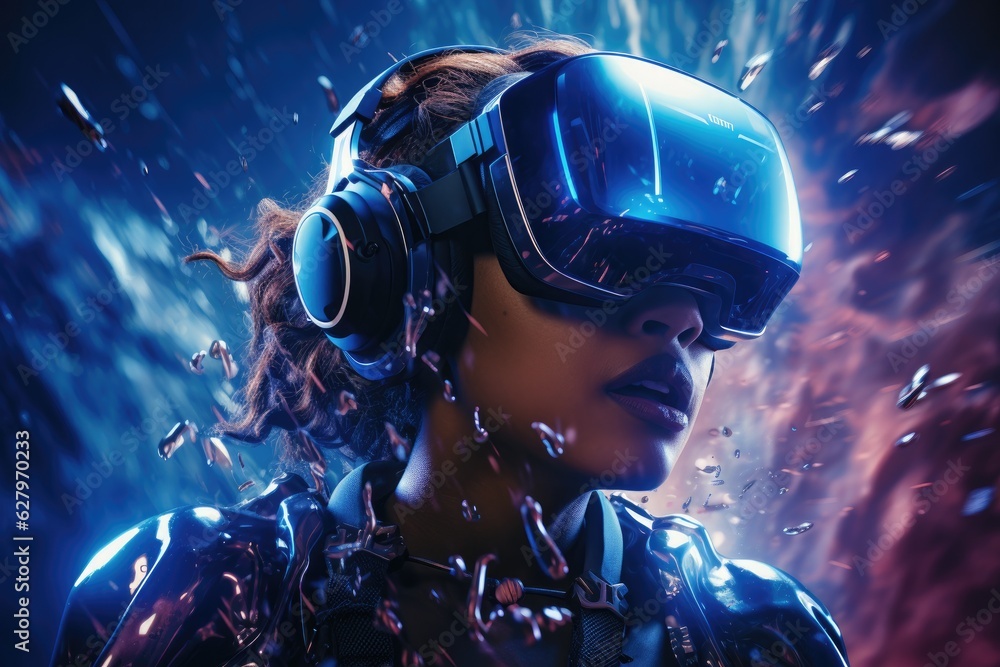 A woman wearing VR headset user, surreal world and virtual reality, colorful flowers fields. Generative AI A woman wearing VR headset user, surreal world and virtual reality, colorful flowers fields. Generative AI