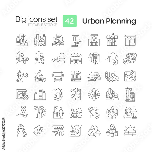 Urban planning linear icons set. City growth. Infrastructure development. Transportation network. Customizable thin line symbols. Isolated vector outline illustrations. Editable stroke