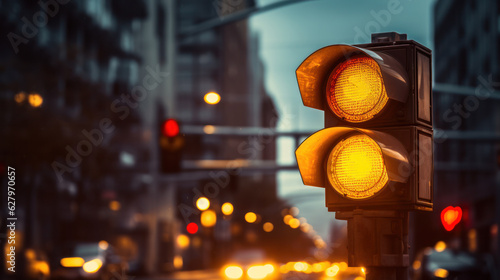 Amber color on the traffic light at night