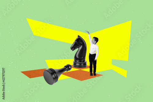 Artwork collage of mini black white effect boy arm measure height chess night figure isolated on creative drawing background