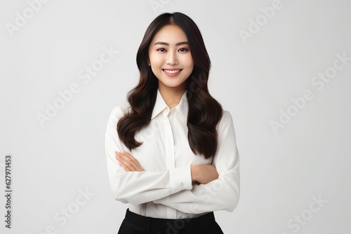 young asian businesswoman crossing arms for presentation isolated, young successful businesswoman. Generative AI