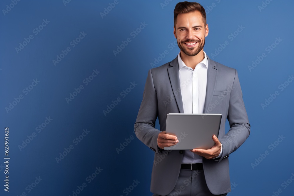 businessman holding notebook or gadget for presentation isolated, young successful businessman. Generative AI businessman holding notebook or gadget for presentation isolated, young successful businessman. Generative AI