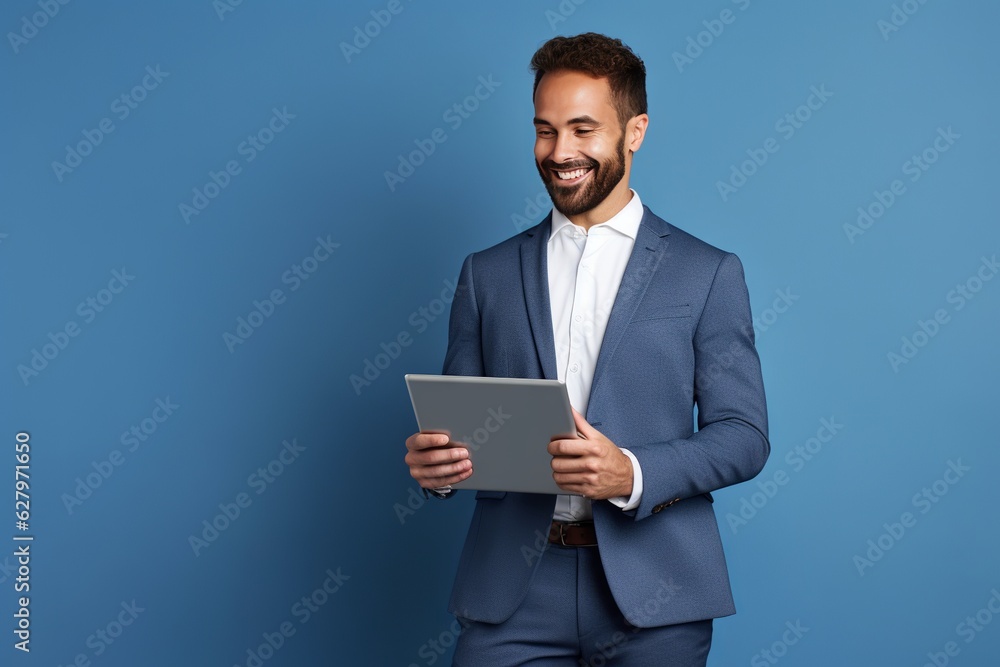 businessman holding notebook or gadget for presentation isolated, young successful businessman. Generative AI businessman holding notebook or gadget for presentation isolated, young successful businessman. Generative AI