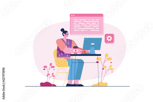 Programming concept with people scene in the flat cartoon design. A programmer writes code for applications and digital resources. Vector illustration.