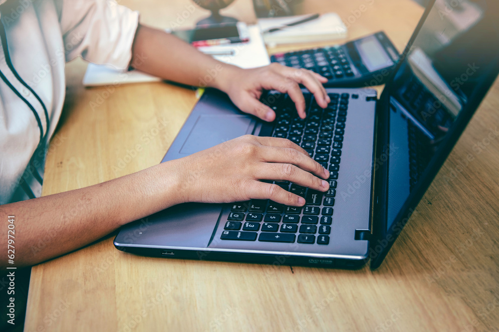 Fototapeta premium woman using laptop while working at home.