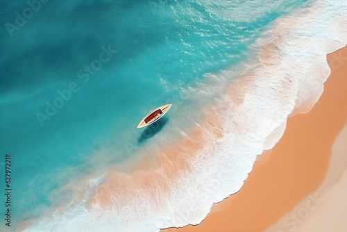 Aerial top view of a boat on the sea beach, AI generate © Black Pig