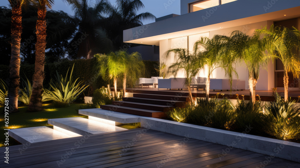 Modern house landscape illuminated ин creative light designs Generative AI