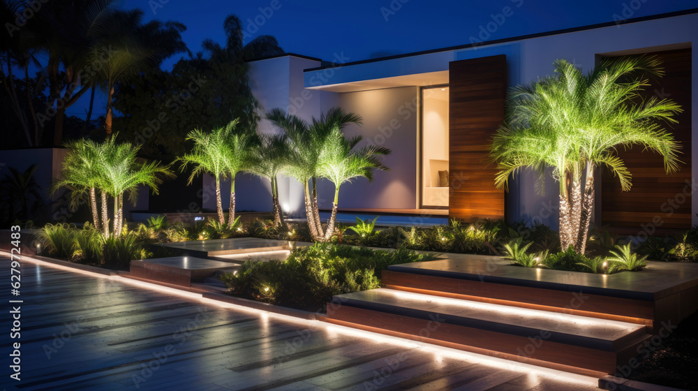 Modern house landscape illuminated ин creative light designs Generative AI