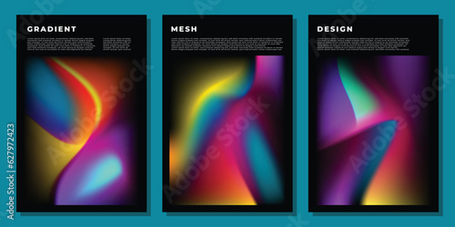 Colorful, fluid, and wavy gradient mesh background template copy space set. Modern and dynamic colour gradation backdrop design for poster, banner, brochure, magazine, cover, or presentation page.