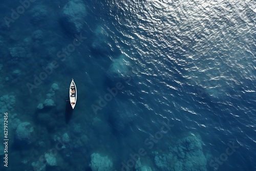 Aerial top view of a boat anchored on turquoise sea, AI generate © Black Pig