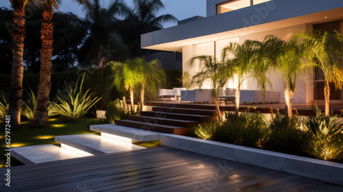 Modern house landscape illuminated ин creative light designs Generative AI © piai