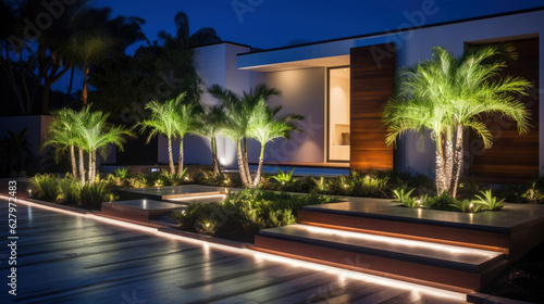 Modern house landscape illuminated ин creative light designs Generative AI