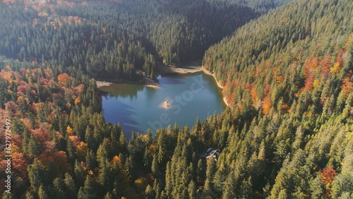 wonderful mountain lake with small island surrounded by dense mixed forests on sunny autumn day aerial view. Carpathian mountains, Ukraine beauty nature. Travel, summer holidays.