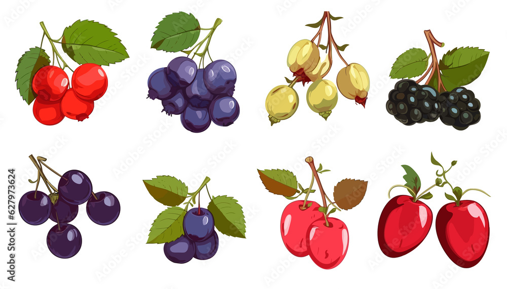 Set of fruits and berries with blueberry grapes cherry and other drawing isolated on white background flat vector illustration Set of fruits and berries with blueberry grapes cherry and other drawing isolated on white background flat vector illustration