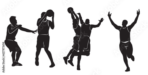 Vector silhouette of a male basketball player holding a ball, two basketball players silhouettes of a male sports player