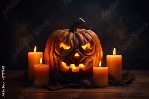 Halloween pumpkin on the background of candles and a black background.