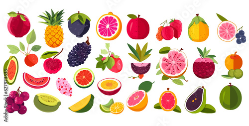 Set of colorful cartoon fruit icons apple pear strawberry orange peach plum watermelon pineapple papaya grape cherry kiwi lemon