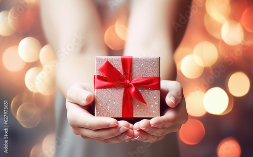  Christmas gift box with red ribbons in female hands