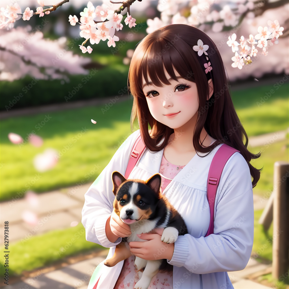 Japanese pretty anime young girl. Anime girl in white traditional dress. Sakura trees and japanese theme. Japanese pretty anime young girl. Anime girl in white traditional dress. Sakura trees and japanese theme.