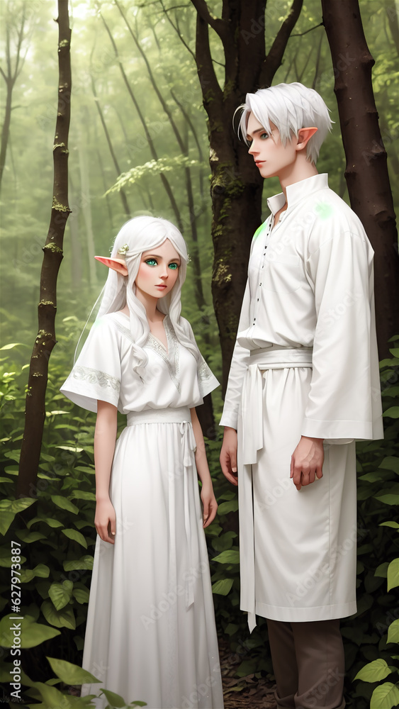 Elf boy and girl in elf dress walking in fantasy fairy tale elf forest