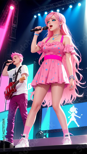 Anime idol girl singing in an abstract stage, smiling, light song scene, neon lights, vaporwave, future funk, synthwave