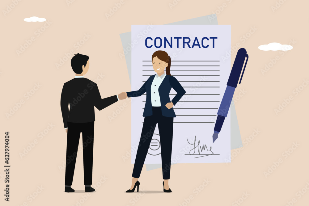 Business contract signing, agreement two business people shaking hands in front of contract agreement papers. Contract agreement between business women and business men. Business contract signing, agreement two business people shaking hands in front of contract agreement papers. Contract agreement between business women and business men.