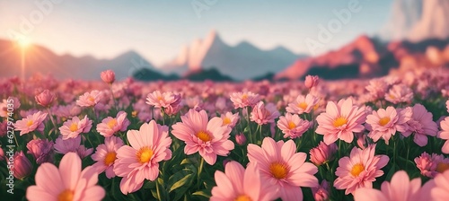 pink flowers in a field with mountains in the background