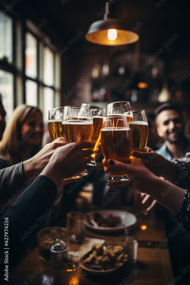 Group of friends drinking beer in a restaurant Fun atmosphere during the festival